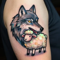 a vector low poly ink color tatoo, wolf biting a cute sheep, by mariusz trubisz, glow colors