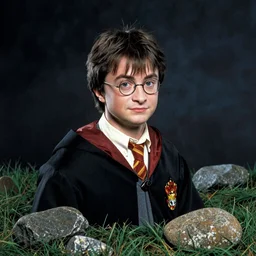 Harry Potter portrait by Anton Pieck, Chris LaBrooy, David Hockney, dark background, grassy stones