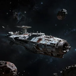 old derelict spaceship floating in a outer space space graveyard of ships with dark scary dramatic lighting with stars nebula and asteroids by William Adolphe Bouguereau
