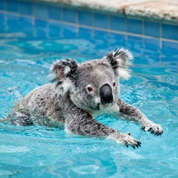 realistic photo of a koala swimming in a swimming pool