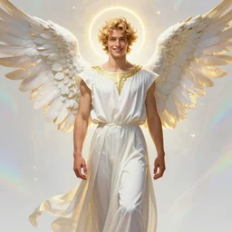 fullbody portrait of a beautiful young fit male angel with curly blond hairs, smiling face, cyan eyes, dressed with long fluent clothes, majestic symmetrical eagle wings, luminous halo, by greg rutkowski and alphonse mucha, gradient white to gold, in front of an iridescent background, highly detailed portrait, digital painting, artstation, concept art, smooth, sharp focus illustration