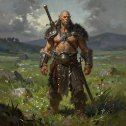 a beautifully detailed portrait painting of a half - orc barbarian standing relaxed on a lush tundra field, portrait fantasy art, darksun fantasy art, art by keith parkinson and greg rutkowski and tim hildebrandt