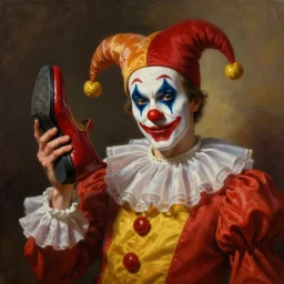 greg manchess oil matte portrait painting, french jester with clown makeup holding a large clown shoe, fantasy, wonderful masterpiece highly detailed, scifi, beautiful cinematic light deep focus, elegant, digital painting, smooth, sharp focus, golden ratio, dramatic illumination, ultra realistic, 4 k, art by greg rutkowski wlop rossdraws