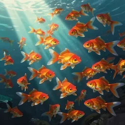 portrait of goldfishes swarming the ocean. shadow and light. rays of light. energetic, dynamic, lively, detailed, intricate, complex. fine art by hayao miyazaki, akira toriyama, makoto shinkai, and ohara koson. studio lighting. tilt and shift lens.