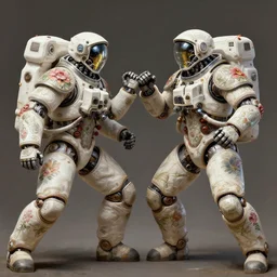 two warrior robot astronauts, floral! looks like a machine from horizon zero dawn designed by apple, posing for a fight, intricate, elegant, highly detailed, digital painting, establishing shot, an epic fantasy, artstation, concept art, smooth, sharp focus, illustration, art by artgerm and greg rutkowski and alphonse mucha, 8 k
