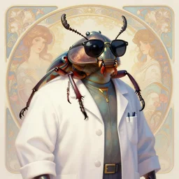 a cool anthropomorphic beetle wearing sunglasses wearing a lab coat, diffuse lighting, fantasy, intricate, elegant, highly detailed, lifelike, pastel, digital painting, artstation, illustration, concept art, smooth, sharp focus, art by frank frazetta and marco bucci and loish and rossdraws and artgerm and alphonse mucha