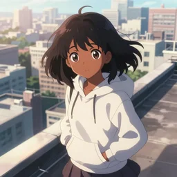 anime visual portrait of a young black haired girl cute face wearing hoodie sightseeing above the urban city school rooftop sunny day dramatic lighting dynamic perspective and posing