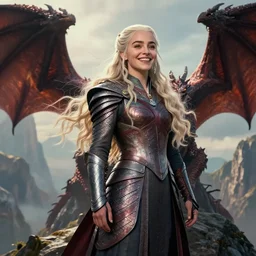 portrait of happy beautiful daenerys targaryen with long blonde windblown hair and dragonskin armor, standing on a ledge of a mountain with dragons next to her, glamour pose, detailed illustration, digital art, trending on artstation, soft ambient lighting, volumetric lighting, rim lighting, yoshitaka amano, daniel merriam, alphonse mucha, arney freytag