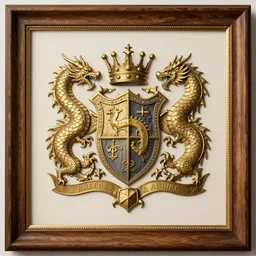 a legend illustration coat of arms, wood frame engraving with elegant details, golden border detail ornaments art by fantasy and hearthstone style, centered, facing shot, crowns, dragons!! and royal shields, symmetry!!!!!, elegant, masterpiece