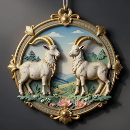 beautiful decorative ornament with spirit goats, decorative design, classical ornament, bilateral symmetry, symmetrical, james jean, soey milk, complementary colors