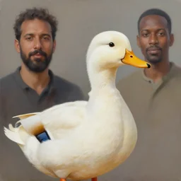 portrait painting of a stunning beautifall duck, artstation, mymodernmet, by brad kunkle, by amir ershadi, by ben enwonwu, by alphonse mucha, by sangsoo jeong, by soey milk, gold foil aureola, black dress of iridescent feathers, divine, saint, mixed media