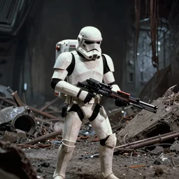 color film still, a space marine exploring inside a destroyed settlement ; alien 2 ( 1 9 8 6 )