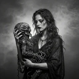 a beautiful mother driven to madness holding an unspeakable lovecraftian eldritch horror, studio lighting, soft glow, smoky, monochromatic photo by anne leibovitz