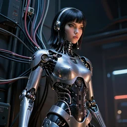 beauty alita woman, futuristic mechanical, cyberpunk, dramatic lighting, lots of cables and wiring, electrical details, trending on artstation, by Hajime Sorayama and Boris Vallejo