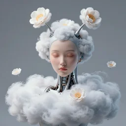 quantum cloud flowers, photorealistic beautiful portrait of cyborg, flower antennas accessories