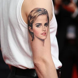 man with tattoo of emma watson on arm back by greg rutkowski