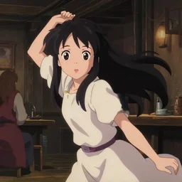 anime visual, portrait of a young female in medieval tavern interior at night long hair, low light, cute face by ilya kuvshinov, yoh yoshinari, makoto shinkai, dynamic pose, dynamic perspective, cel shaded, flat shading mucha, rounded eyes,