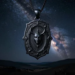 an intricate ebony pendant in front of the milky way galaxy