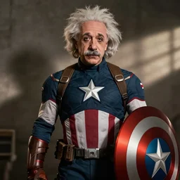 Albert Einstein as Captain America , film still of marvel