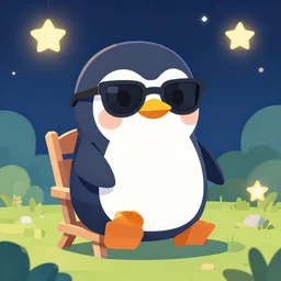 digital art of a cute and small penguin sitting outside on a chair at night wearing sunglasses!!! detailed, bright stars, trending on artstation, digital art, vector art, by emiliano ponzi, trending on polycount, private press, low poly, 3 d, sketchfab