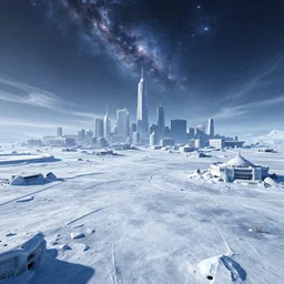 a city in an icy landscape, cosmic sky sci - fi vivid by bruce pennington