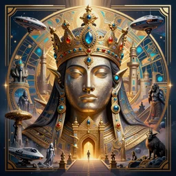 symetrical art deco poster illustration highly detailed ornate with jewels and precious metals majestic face of the king close up in the entrance castle kingdom of shambala, space ships, futuristic, land of advanced races, giants, hollow earth, hiperrealistc, global illumination, radiant light, detailed and intricate environment. art by oleg oprisco, 8 k