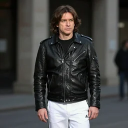 gopnik in a black leather jacket,  white Adidas pants. extreme long shot