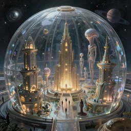 an extremely detailed masterpiece epic color scene of the inside of a glass domed futuristic city with extraterrestrial citizens and space and a ringed planet in background, in the style of greg rutkowski and frank paul lehr and lebbeus woods, intricate, elegant, highly detailed, digital painting, artstation, cinematic lighting, extremely moody lighting, glowing light and shadow, 4 k