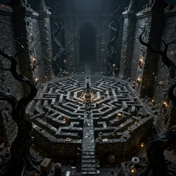 dense dark maze, tall stone walls, gnarled black trees, lost relics, night, volumetric lighting, 8 k octane beautifully detailed render, post - processing, extremely hyper - detailed, intricate, epic composition, intricate, trending on artstation, stunning art by anders zorn, wonderful masterpiece by frazetta