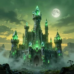 Castle of the crystal from the Dark Crystal (1982), occult symbols are present, sickly green mist during a green-yellow sunset, moon still present, hyperrealistic, octane render, cinematic, art by by Greg Rutkowski and Igor Kieryluk