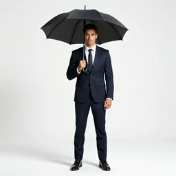 dashing businessman with umbrella, photorealistic portrait photography, full body, standing, isolated on a pure white background, centered, whole figure in frame, sharp focus, studio lighting