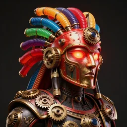 awardwinning photo of a steampunk avatar, wearing a glowing red and golden metallic aztec helmet with multicolored tubes and shiny metallic gears, 3 d render, crisp, 8 k, fluorescent colors, nikon photography