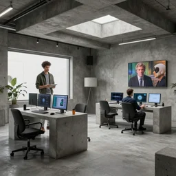 Interior shot of a futuristic brutalist studio apartment with computers made out of concrete by Petros Afshar and Beeple, James Gilleard, Mark Ryden, Wolfgang Lettl highly detailed