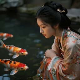 portrait of a young japanese woman looking at koi fish in a pond, dim volumetric lighting, 8 k octane beautifully detailed render, post - processing, extremely hyper - detailed, intricate, epic composition, cinematic lighting, masterpiece, trending on artstation, detailed detailed detailed, stunning art by anders zorn, wonderful masterpiece by greg rutkowski, beautiful cinematic light