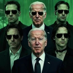 multiple joe biden are [ agent smiths ], the matrix movie, the matrix green green color grade, film still, key frame, sunglasses, ear piece, [ black tie ]