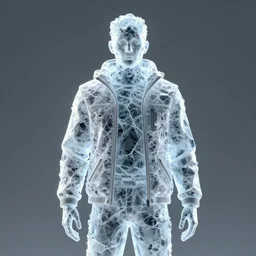 human made of ice, wearing a jacket, digital art, monotone background