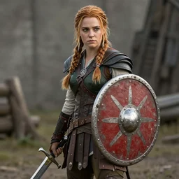 Katniss Everdeen as a Viking shieldmaiden, holding a sword