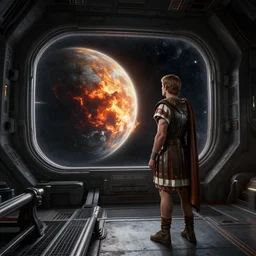 roman caesar standing on the bridge of a space station looks out the window at a burning planet, realistic rendering, unreal engine, 4k, hdr, high dynamic range, f12, michael whelan, simon stalenhag, high tech, star wars cavern interior