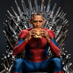 barrack obama in a spiderman suit, sitting on the iron throne, eating a burger, photorealistic, 4 k, trending on artstation