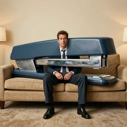 giant stapler on a couch, rob schneider is inside a giant stapler sitting on a long couch