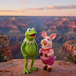 romantic painting, wide shot of kermit the frog and miss piggy standing in front of a the grand canyon at sunrise, highly detailed, sublime, hyperrealistic, painted by caspar david friedrich and albert bierstadt, trending on artstation 8 k