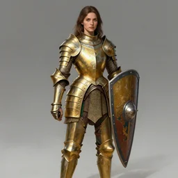 full body portrait of a female italian warrior medium length brown hair and a very highly detailed face wearing elegant golden plate mail armor painted with green and white accents, holding a rectangular tower shield, very highly detailed, artstation, cgsociety, realistic character concept art, sharp focus, by greg rutkowski, artgerm, and alphonse mucha