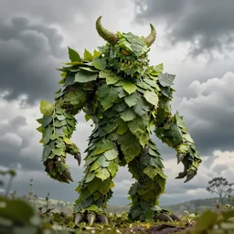 thick clouds behind, macro long depth of field portrait of a monster made of leaves, wide aperture, dramatic light, dystopian environment, intricate, highly detailed, artstation, sharp focus, artgerm