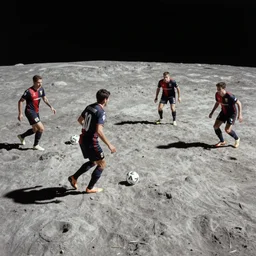 picture of Genoa soccer players playing on the surface of the moon colored vintage