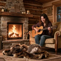 A hedgehog couple in front of a cosy fireplace, with one hedgehog playing guitar, sitting on a couch, with a bearskin on the ground, in a log cabin