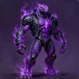 Character design body made of purple fire, body with black and purple lava, Lizardman Art, muscular male body, mecha humanoid with cyberpunk bomber jacket,  concept art character, royalty, smooth, sharp focus, organic, deep shadowsby Jerad Marantz, hyperrealistic oil painting, 4k, studio lightning