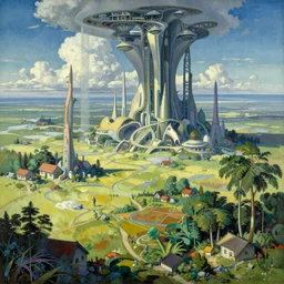A beautiful landscape painting of dystopian future by Alfons Maria Mucha and Yoshitaka Amano and junji ito
