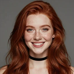portrait of a red haired girl with a choker necklace, and a beautiful smile