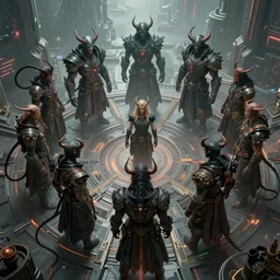 beautiful cyberpunk demons in a circle fantasy character portrait, ultra realistic, sci fi city, wide angle, intricate details, the fifth element artifacts, highly detailed by peter mohrbacher, hajime sorayama, wayne barlowe, boris vallejo, aaron horkey, gaston bussiere, craig mullins