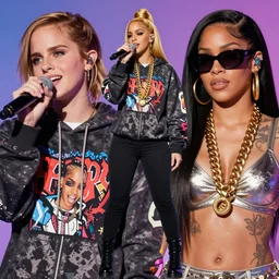 Emma Watson singing into mic full body wearing designer hoodie as doja cat as cardi b wearing gold chain and sunglasses and gold hoop earrings by greg rutkowski by artgem trending on artstation hero concept art
